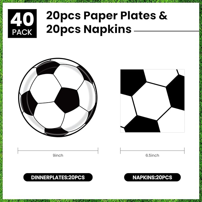 40 Pcs Soccer Plates and Napkins Party Supplies, Soccer Birthday Party Decorations Disposable Paper Plates and Napkins Tableware Set for Sports Theme Birthday Party Baby Shower Serves 20