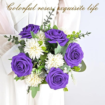 BLEUM CADE 36Pcs Artificial Flowers Fake Roses with Stems, Deep Purple Boxed Foam Roses for DIY Bouquets Centerpieces Wedding Party Arrangement Bridal Shower Decor