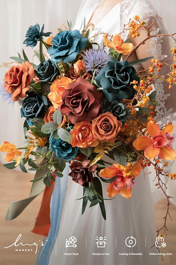 Ling's moment Teal Bridal Bouquet, Burnt Orange Wedding Bouquets for Bride, 15 Inch Silk Free Form Bridal Bouquets Artificial Wedding Flower Bouquet