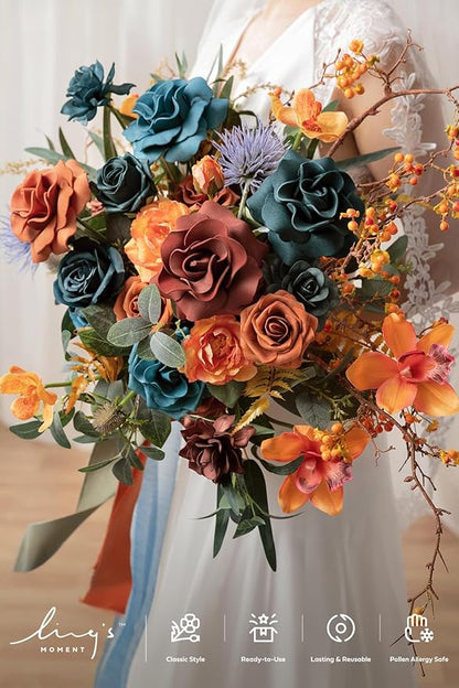 Ling's moment Teal Bridal Bouquet, Burnt Orange Wedding Bouquets for Bride, 15 Inch Silk Free Form Bridal Bouquets Artificial Wedding Flower Bouquet