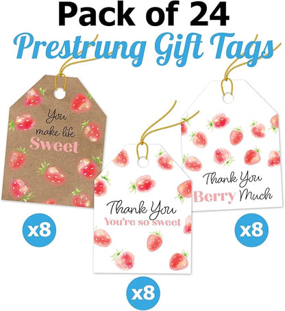 Pro Supply Global 24 Count of 2.5 Inch x 3 Inch Pre Strung Strawberries Gift Tag Assorted Printed Designs on Large Cardstock Gift Hang Tags - Ideal to Use on Bags