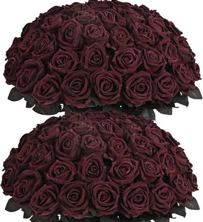 BLEUM CADE 50 Pcs Black Roses Artificial Flowers, Real Touch Velvet Roses Fake Flowers Bulk, Artificial Roses Bouquet with Long Stems for DIY Table Centerpiece Halloween Decorations