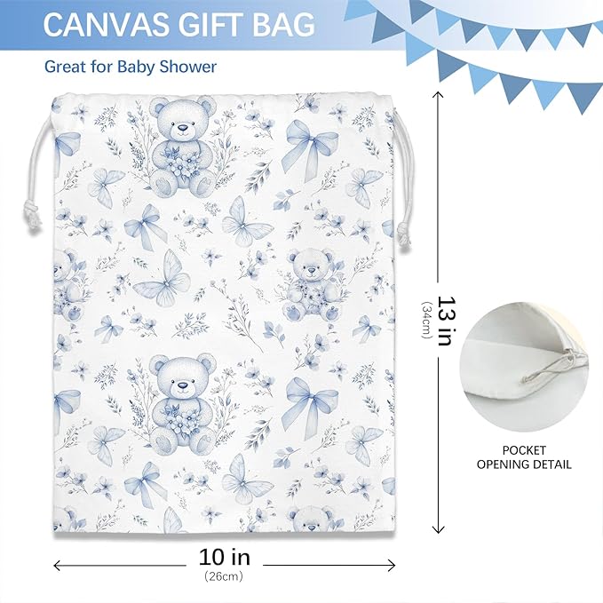 DSHFG Light Blue Chinoiserie Birthday Drawstring Gift Wrap Bags, Chinoiserie Bear Baby Shower Drawstring Gift Bags Canvas, Blue and White Small Happy Birthday Bag, 10x13 Inch