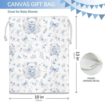 DSHFG Light Blue Chinoiserie Birthday Drawstring Gift Wrap Bags, Chinoiserie Bear Baby Shower Drawstring Gift Bags Canvas, Blue and White Small Happy Birthday Bag, 10x13 Inch