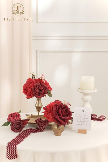 TINGE TIME Artificial Flowers Combo Mix Silk Flowers Red Roses w/stem for DIY Wedding Bridal Bouquets Baby Shower Floral Arrangement Table Centerpieces Home Decorations (Burgundy)