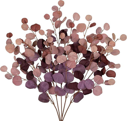 Maroon Eucalyptus Stems Fake Eucalyptus Leaves 34” Long Silver Dollar Leaves 5 Pcs Silk Eucalyptus Stems for DIY Bouquet Arrangements Centerpieces Shower Decorations-Artificial Eucalyptus Spray
