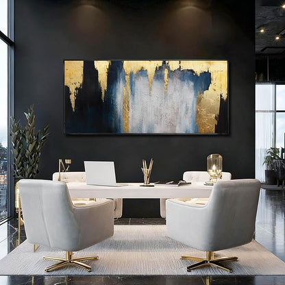 Modern Abstract Blue and Gold Framed Wall Art 32x70 Extra Large Canvas Painting Contemporary Artwork for Living Room Office Decoration
