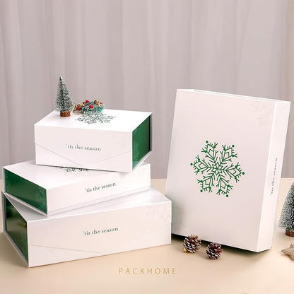 PACKHOME Large Christmas Gift Box 13.5x9x4.1 Inches, Sturdy Collapsible Gift Box with Magnetic Closure Lid (Green Snowflake Pattern)