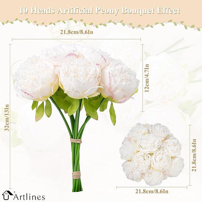 U'Artlines 2 Bouquet 10 Heads Artificial Peony Silk Flower Leaf Home Office Wedding Party Festival Bar Decor (Cream White)