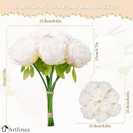U'Artlines 2 Bouquet 10 Heads Artificial Peony Silk Flower Leaf Home Office Wedding Party Festival Bar Decor (Cream White)