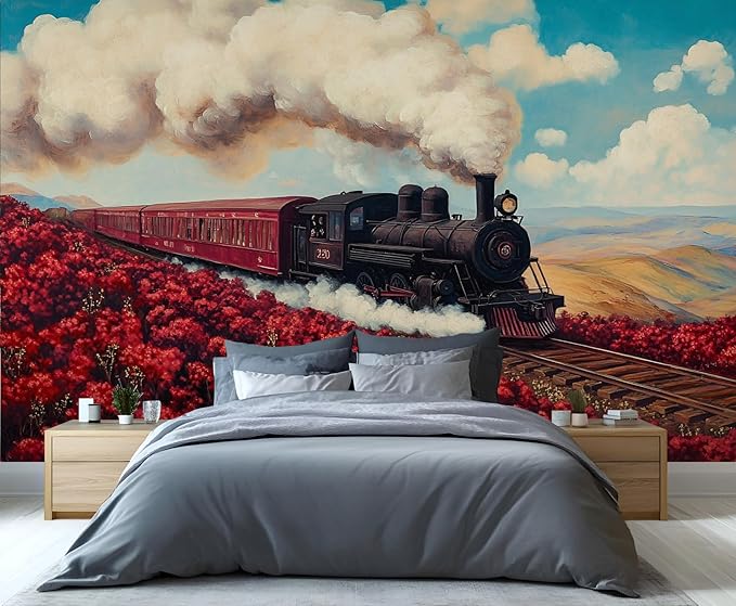 Vintage Train Wall Mural, Steam Engine Landscape 3D Wall Murals, Train Through Flower Field Wallpaper Mural, for Living Room Bedroom Large Wallpaper Indoor Decor 59" W x39.4 H