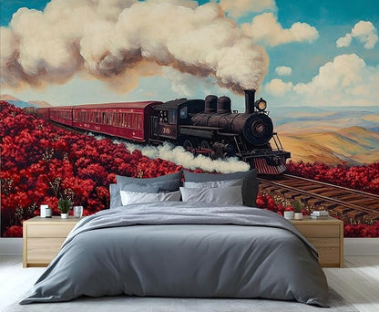 Vintage Train Wall Mural, Steam Engine Landscape 3D Wall Murals, Train Through Flower Field Wallpaper Mural, for Living Room Bedroom Large Wallpaper Indoor Decor 157.5" W x110.3 H