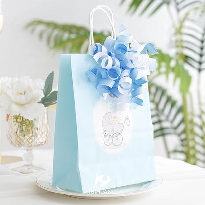 HUIHUANG Baby Boy Shower Gift Bows Blue and White Curly Ribbon Bows Self Adhesive Burst Gift Bow for Baby Birthday, Baby Shower Party Favors, Wine Bottle, Treat Bags, Gift Wrapping- 6 Counts