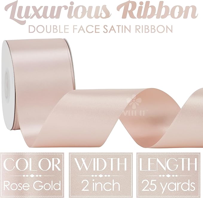 MEEDEE Rose Gold Satin Ribbon 2 Inch Rose Gold Ribbon Lux Double Faced Ribbons by 25 Yards Silk Satin Ribbons for Gift Wrapping, Wedding, Flower Bouquet, Holiday Decorating