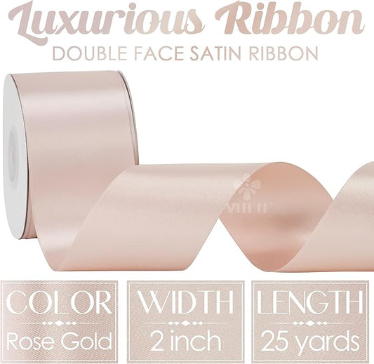 MEEDEE Rose Gold Satin Ribbon 2 Inch Rose Gold Ribbon Lux Double Faced Ribbons by 25 Yards Silk Satin Ribbons for Gift Wrapping, Wedding, Flower Bouquet, Holiday Decorating