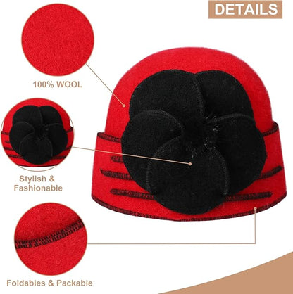 Sumolux Beanie Hats for Women Wool Skull Cap Beret Floral Cuffed French Vintage Dress Cloche Classic Winter 1920s