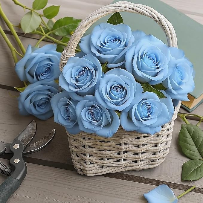 Blue Roses Artificial Flowers 15 PCS, Fake Roses Silk Flowers with Long Stems, Faux Rose for Wedding Centerpieces, Home Decor, Indoor Floral Arrangements, Party Decor, DIY Bouquet (Sky Blue)