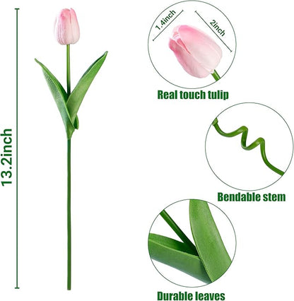 Sggvecsy 30 Pcs Fake Tulips Artificial Flowers Real Touch PU Faux Flowers Tulip Stems for Wedding Spring Bouquet Floral Arrangement Home Party Office Decorations for Mother's Day (Light Pink)