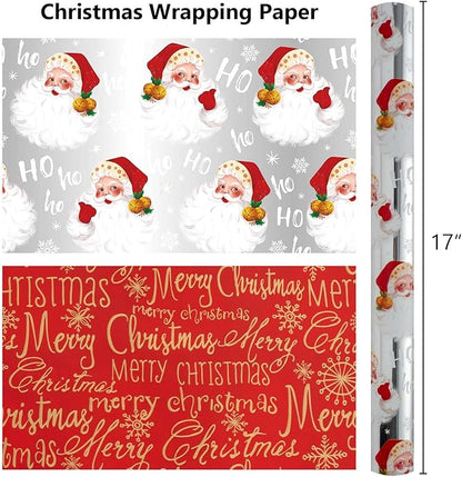 MAYPLUSS Christmas Wrapping Paper Roll - 17IN X 33FT - Silver Gift Wrap Paper Featuring Santa Claus Snowflake HO Reversible Gold Merry Christmas for Kids, Holiday, New Year