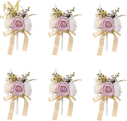 Meldel Set of 6 Wedding Flowers Fake Rose Mini Bridesmaid Bride Bouquets Dusty Pink Ivory Small Floral Wedding Centerpieces Decor Artificial Flower Arrangements for Tables Home Party Decorations