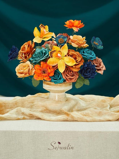 Serwalin Teal Burnt Orange Artificial Flowers, Fake Silk Cake Flowers for DIY Wedding Bridal Bouquet Centerpieces Floral Arrangement Decor Party Baby Shower Fall Home Decor