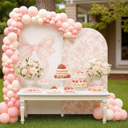 2Pcs Toile de Jouy Pink Bow and Floral Arch Backdrop Covers, Romantic French Style Spandex Arch Covers for Baby Shower, Girl Birthday, Wedding Party Decorations (6ft,5ft)