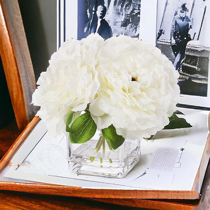 ENOVA HOME Silk Peony Flowers Arrangements in Cube Glass Vase with Faux Water for Home Table Wedding Centerpiece Decoration (Cream)