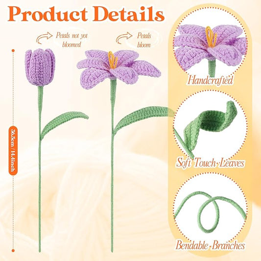 YOUNGJOY Crochet Rose 12 Pcs Handmade Knitted Flowers Tulip Sunflower Daisy Heart Artificial Knitted Floral Mother Day Graduation Home Decor(Tulip A)