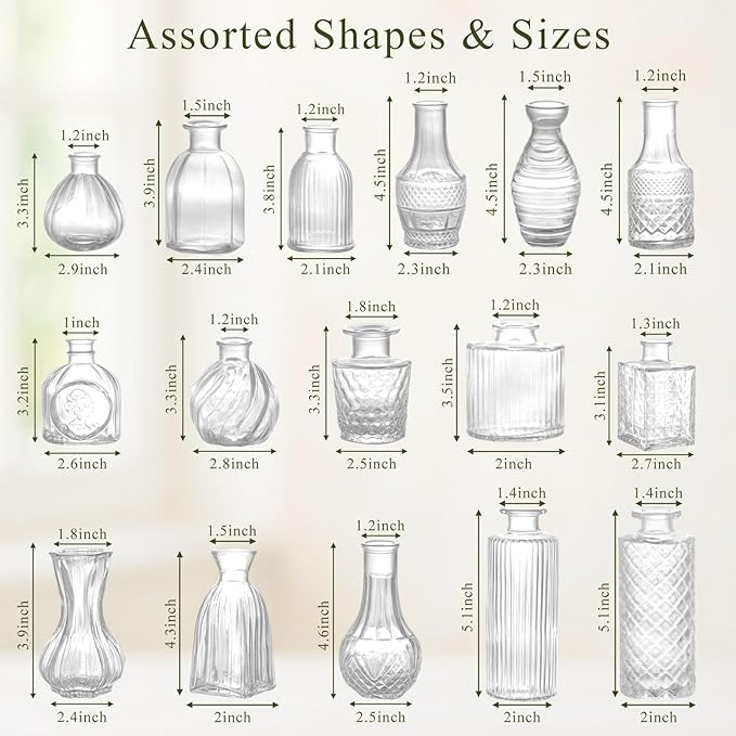DomeStar 16PCS Glass Bud Vases Set, Small Small Flower Vase for Centerpieces, Vintage Clear Bud Vases in Bulk for Rustic Wedding Centerpieces Home Table Flower Decor