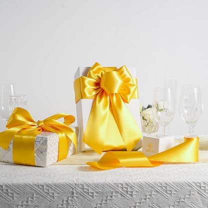 MEEDEE Yellow Satin 3 Inch Ribbon Lux Double Faced Satin Ribbon Wide Fall Autumn Colored Ribbons by 10 Yards Yellow Ribbons for Christmas Tree, Weddings, Flower Bouquet, Wreath Bow Making