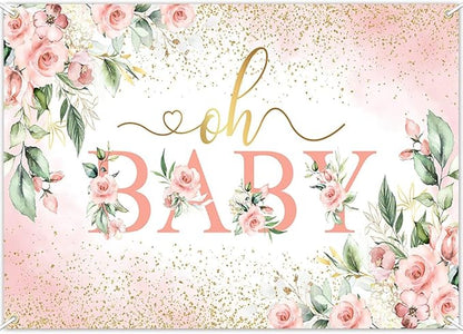 Mocsicka Oh Baby Backdrop Pink Floral Baby Shower Banner for Girls Party Decorations Photo Booth Props (Pink, 8x6ft)