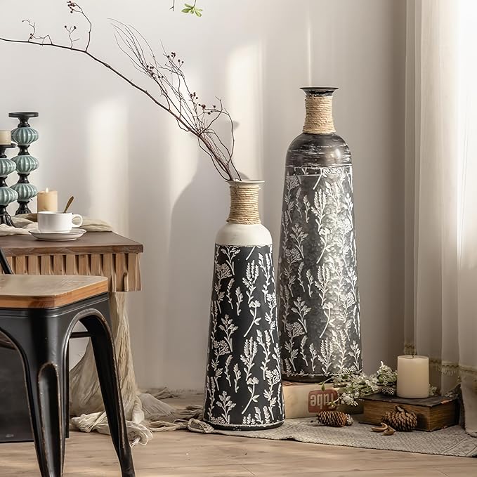 Decorative Rustic Iron Vase,23 inches 28 inches 30 inches Tall Large Metal Floor Vase,Farmhouse Vintage Floweral Vase for Living Room Home Decoration (Blue 4)