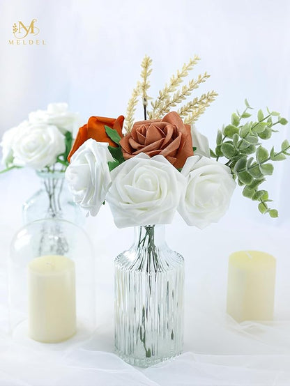 Meldel Artificial Flower 50pcs Real Looking White Rose Fake Foam Roses with Stems for DIY Wedding Bouquets Gifts Bulk Crafts Faux Floral Centerpieces Arrangements Party Home Tables Decorations