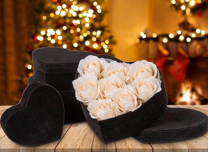 GnFlus Black Heart Shaped Gift Boxes with Lids for Presents 4 Pack Velvet Nesting Gifts Box for Arrangements Flowers Valentines Christmas Thanksgiving Wedding Birthdays Bridesmaid Anniversary Party