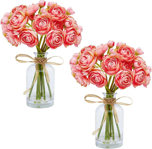 Ranunculus Artificial Flowers with Vase, 2 Pack - 8 Pcs Faux Silk Ranunculus Flower in Vase, Small Flowers Arrangements for Home Decor Indoor, Table Centerpiece. (Coral)