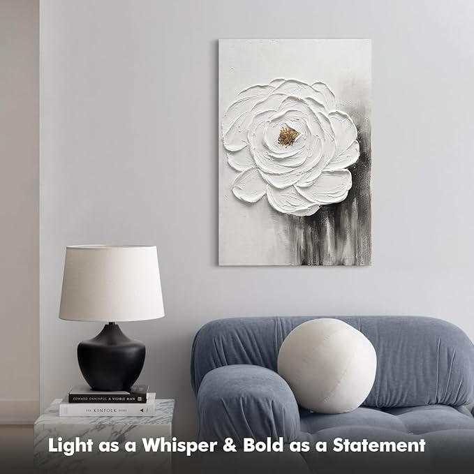 JUHOME Hand-Painted Oil Painting White Flowers Texture Black White Wall Art,3D Abstract Decorative Canvas Wall Decor, Home Office Hall Wall Decorative, 24 x 36
