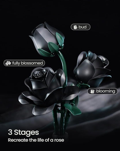 iATOM Black Rose Bouquet Building Set, Gothic Artificial Flowers Botanical Collection Kit for Adults for Home Office Table Centerpiece Retro Decor - IA11001