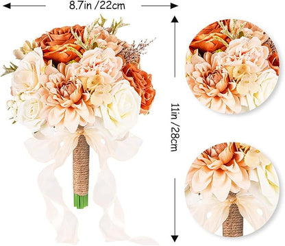 Wedding Bouquets for Bride Bridesmaid,Terracotta Burnt Orange Bouquet Artificial Fake Silk Roses Flowers Bridal Bouquet for Wedding Fall Boho Rustic Church Decoration Toss Bouquet (8.6in(M))