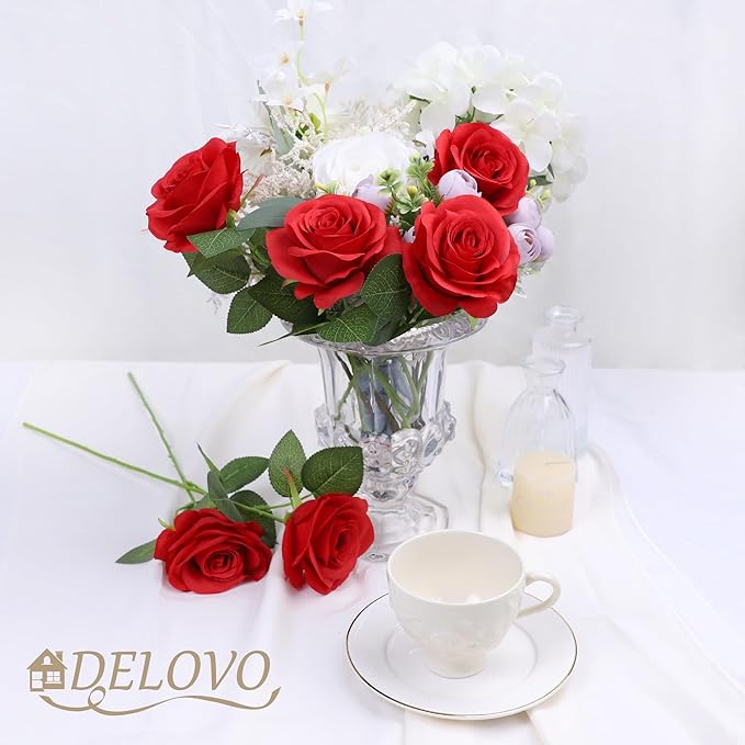 52pcs Red Roses Artificial Flowers Red Fake Flowers Silk Roses with Stems for DIY Wedding Bouquets Bridal Shower Centerpieces Arrangements Party Decorations
