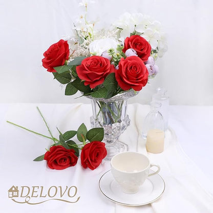 52pcs Red Roses Artificial Flowers Red Fake Flowers Silk Roses with Stems for DIY Wedding Bouquets Bridal Shower Centerpieces Arrangements Party Decorations