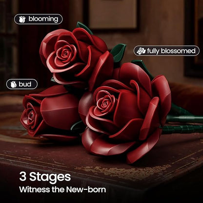iATOM Burgundy Red Rose Bouquet Building Set, Artificial Flowers Botanical Collection Kit for Adults Women, Gift for Christmas and Valentines Day - Gothic Home Office Table Centerpiece Decor - IA11016