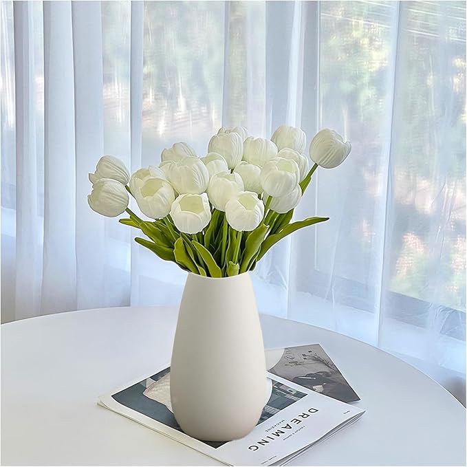 10pcs Partially Open Artificial Tulips 15.5" PU Artificial Flowers for Family Friend Gifts DIY Flower Arrangement Flowers in Home Kitchen Office Party Wedding Dining Table Decoration, White