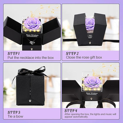 Christmas Birthday Gifts for Women - Preserved Real Rose with I Love You Heart 100-Language Necklace, LED Lights & Music Gift Box, Christmas for Women Girlfriend Mom