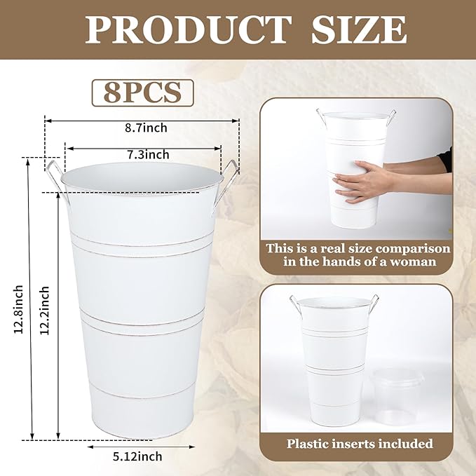 8pcs 12.8inch White Flower Holders for Flower Bar, Galvanized Flower Bucket, Metal Buckets for Party, Rustic Vases for Centerpieces, Floral Vase, Farmstand Supplies (White, 12.8inch Height)