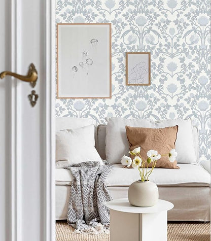 17.3" × 393.7" Blue Floral Peel and Stick Wallpaper, Damask Vintage Wallpaper for Bedroom Bathroom Self Adhesive Removable