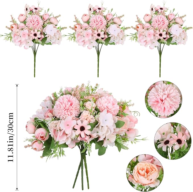 Nubry 3pcs Artificial Flowers Bouquet Fake Peony Silk Hydrangea Wildflowers Arrangements with Stems for Wedding Home Centerpieces Decor (Light Pink)
