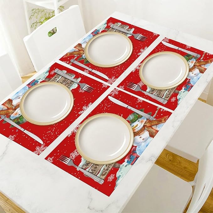 Santa Claus Placemats Red Country Farmhouse Winter Christmas Snowflake Cute Snowman Placemats Table Kitchen Dining Party 12x18 Inch Set of 4