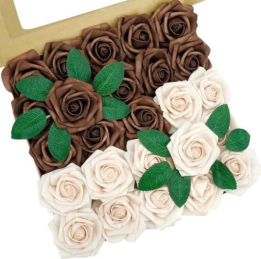Artificial Flowers, 50pcs Brown and Tan Artificial Flower for DIY Wedding Bouquets Centerpieces Arrangements, Artificial Rose with Stem for Party Home Decorations