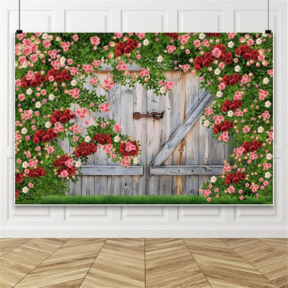 AOFOTO Barn Door Rose Backdrop Rustic Red Pink Beige Flowers Background Romantic Phtography Banner for Anniversary Wedding Decor Photo Studio Photobooth Props 10x8ft
