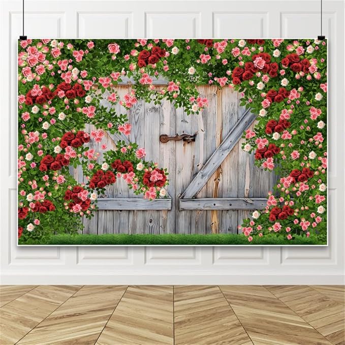 AOFOTO Barn Door Rose Backdrop Rustic Red Pink Beige Flowers Background Romantic Phtography Banner for Anniversary Wedding Decor Photo Studio Photobooth Props 8x6ft